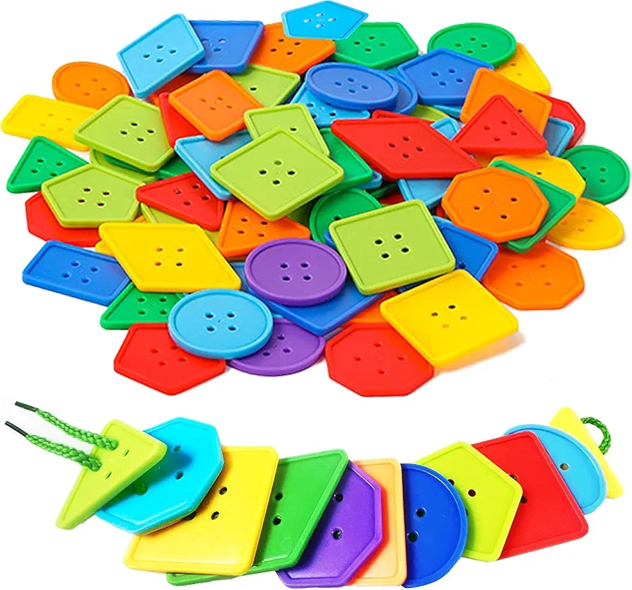 70 Pcs Montessori Lacing Threading Toy - Geometric Shaped Large Beads for Kids Crafts, Preschool Activities and Daycare Toys - Autism Learning Materials and Fine Motor Skills Toys for 3 4 5 6 Year Old