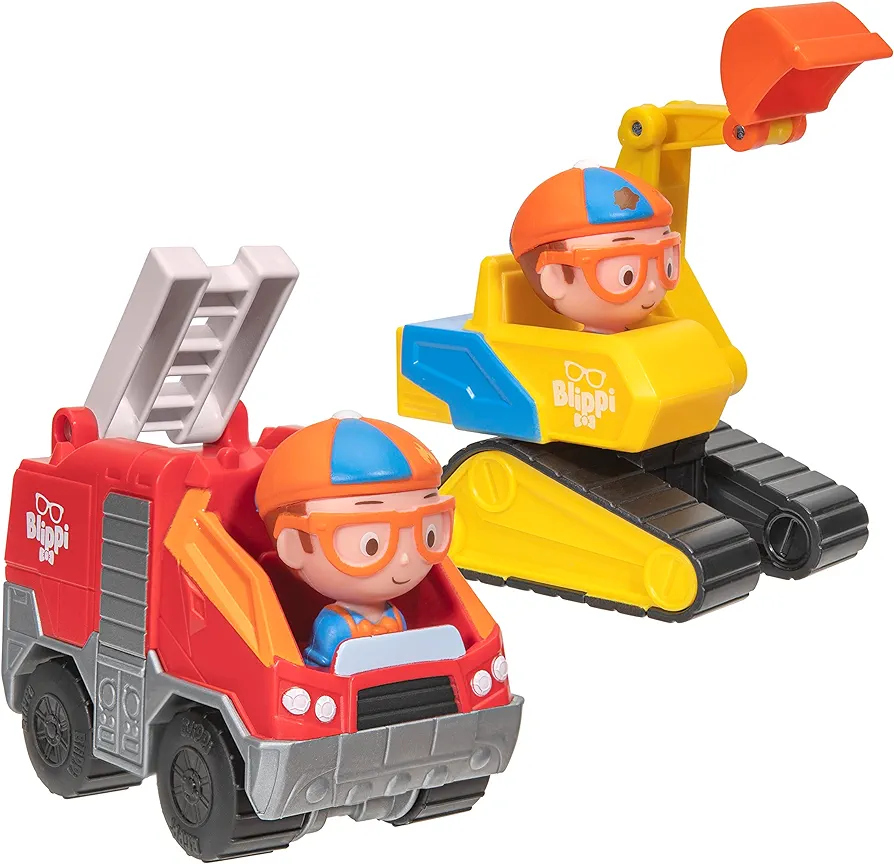 Blippi Mini Vehicles, Including Excavator and Fire Truck, Each with a Character Toy Figure Seated Inside - Zoom Around The Room for Free-Wheeling Fun - Perfect for Young Children