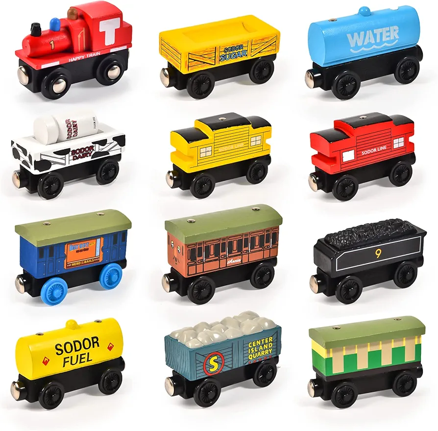 Atoylink 12Pcs Wooden Train Set Magnetic Train Toys for Toddlers Kids Engine Vehicles Toy Train Cars for Boys Girls Compatible with Train Tracks