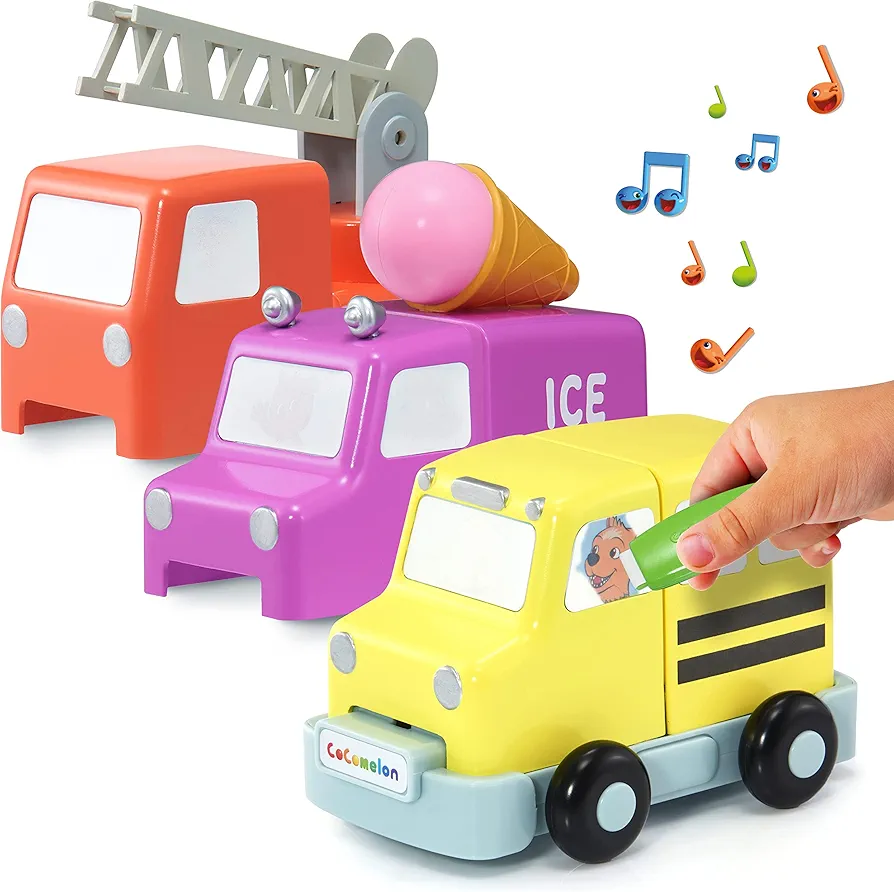 WOW! PODS CoComelon Toys Build & Reveal Musical Vehicles | School Bus Fire Engine and Ice Cream Van | Sounds and Songs with Mystery Surprise Reveal | for Toddlers, Girls and Boys | Ages 2 +