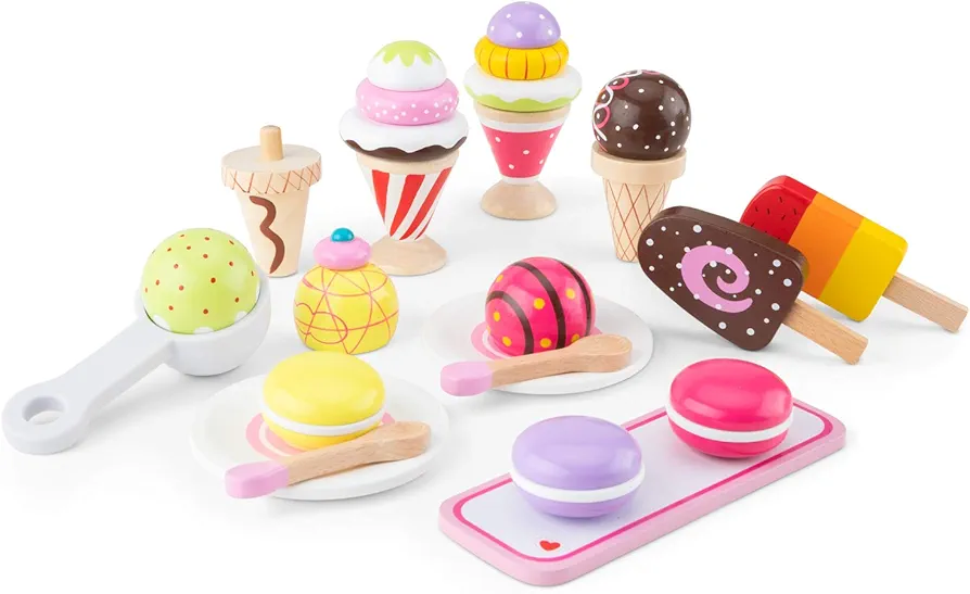 New Classic Toys Wooden Ice Cream Set Pretend Play Toy for Kids Cooking Simulation Educational Toys and Color Perception Toy for Preschool Age Toddlers Boys Girls