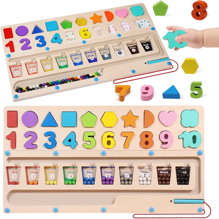 Montessori Toys for 1 2 3+ Year Old, 3 in 1 Toddler educational Toys Preschool Learning Activities Shape Sorter, Magnetic Color and Number Maze Puzzle Board Birthday Gifts for Girls Boys Kids