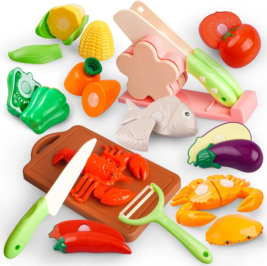 Play Food Sets for Toddlers 3-5,Pretend Food for Kids Kitchen,Toys Kitchen Accessories Fruit Cutting Sets 15PCS,Preschool Educational Toy