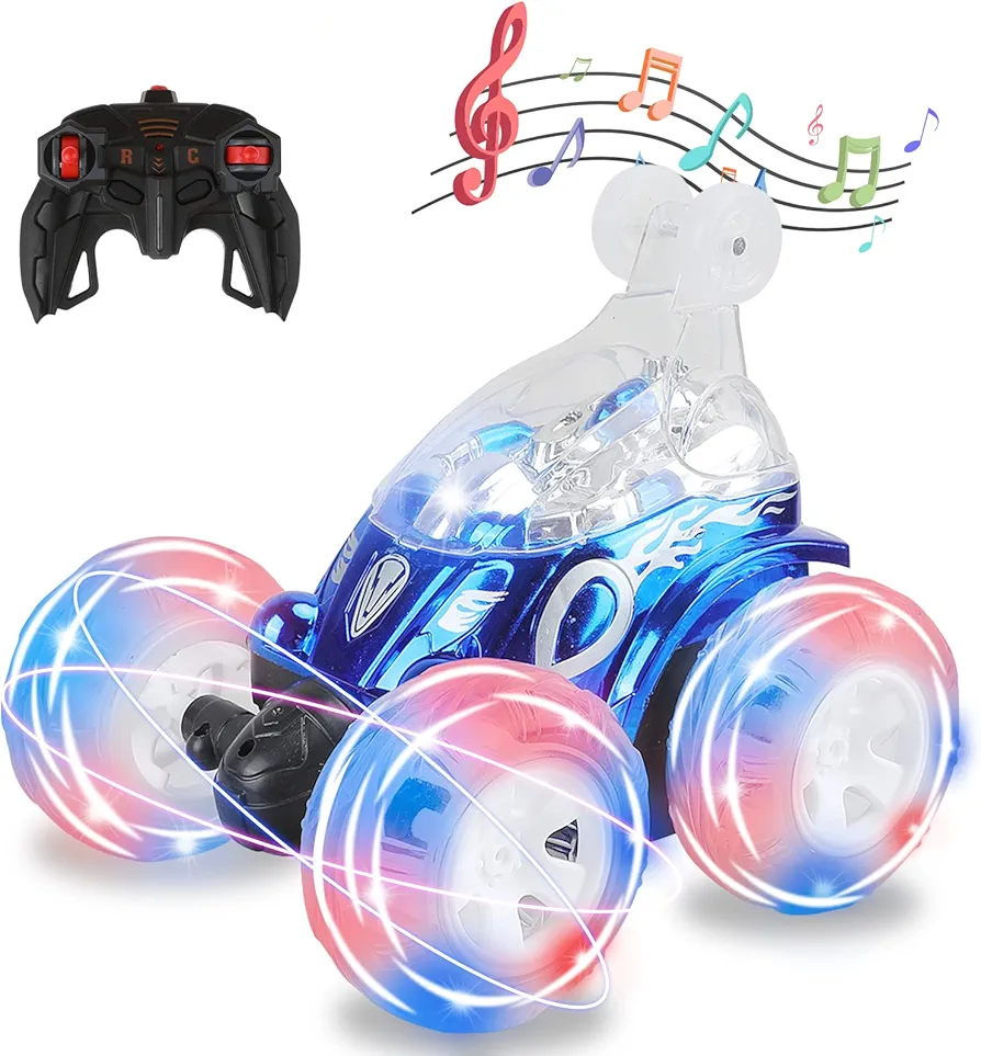 abandon Remote Control Car, RC Stunt Car 360° Spins & Flips with Colorful Lights & Music Switch, Rechargeable Remote Control Car Toy Christmas and Birthday Gift for Kids, Boys and Girls (Bule)