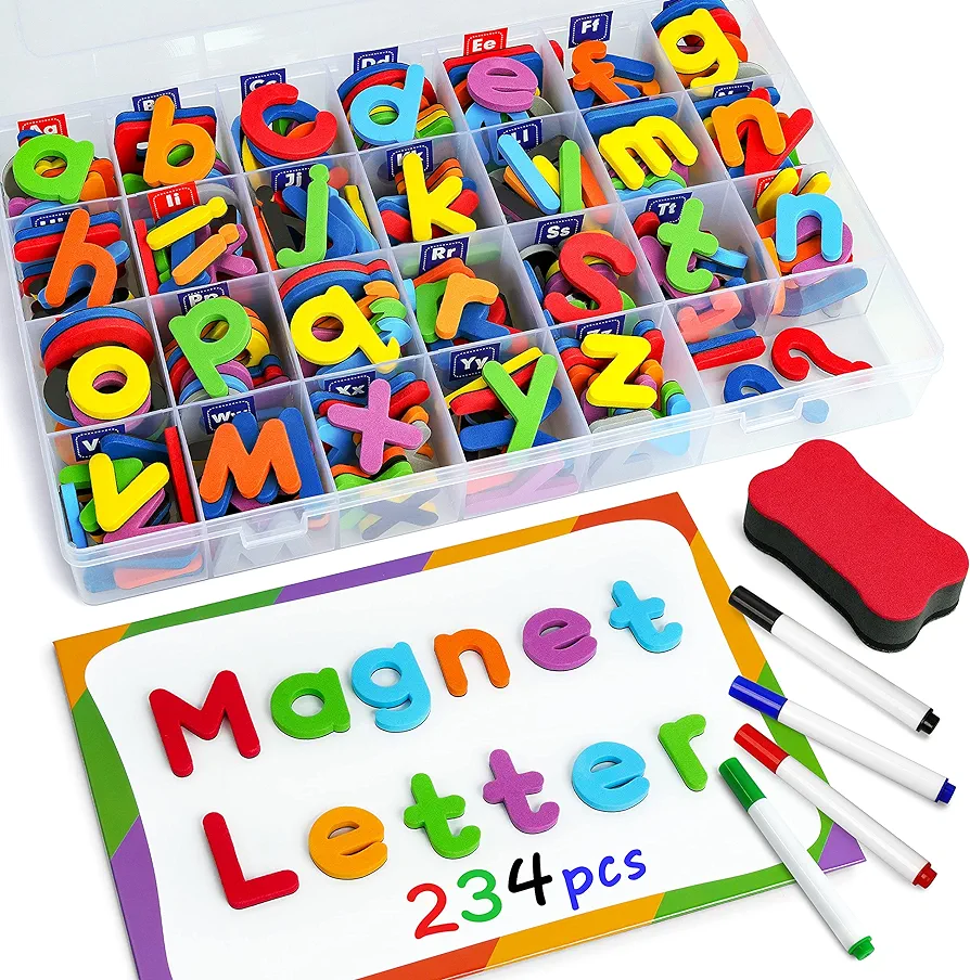 Coogam Magnetic Letters 234 Pcs, Uppercase Lowercase Foam Alphabet ABC Fridge Magnets, Educational Toy Set for Classroom Kids Learning Spelling with Magnetic Board and Storage Box