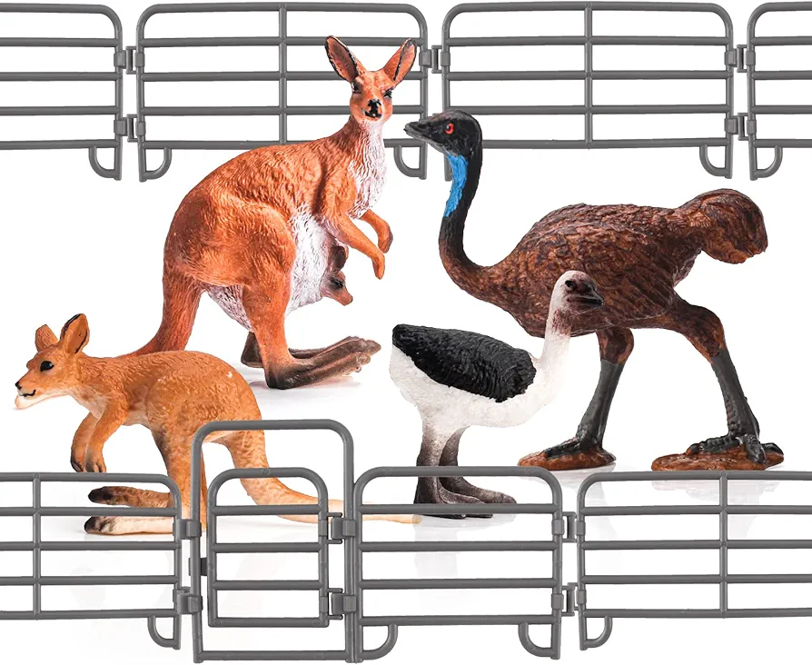 24PCS Wildlife Animals Fence Toy Accessories Playset with Kangaroo Australian Ostrich for Toddlers Kids Preschool Educational Gift Sets Farm Addition