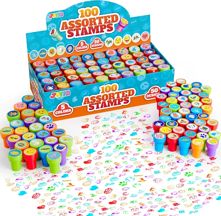 JOYIN 100PCS Assorted Stamps for Kids Self-Ink Stamps for Party Favor, Teacher Stamps, Kids Treasure Box, Prize for Classroom, Easter Egg Stuffers (50 Designs, Dinosaur, Halloween Stampers)