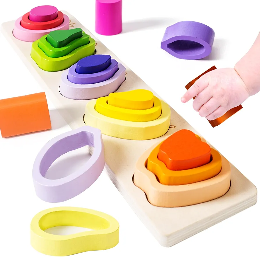 Montessori Toys for 1 2 3 Year Old Boys Girls - Wooden Sorting & Stacking Toys for Kids - Toddler Toys Age 1-3 - Shape Sorter and Color Stacker Preschool Kids Gifts