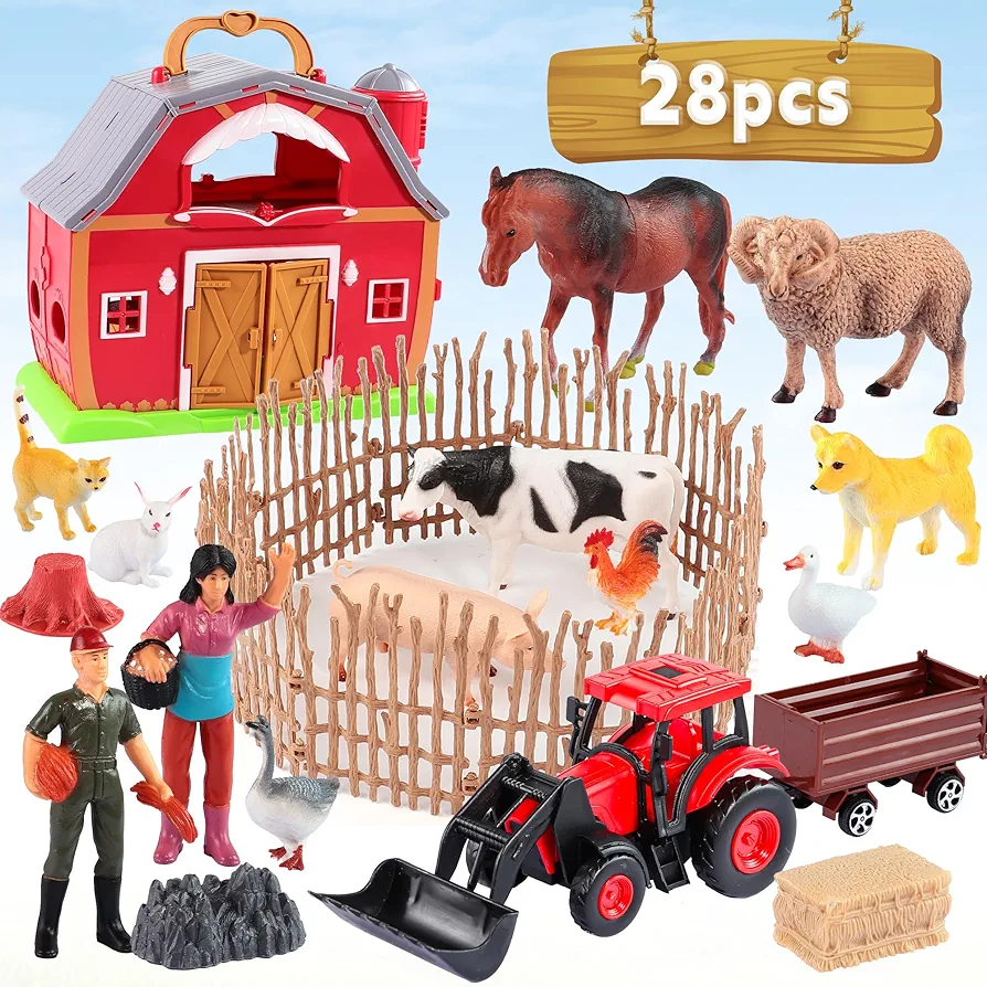 Red Barn Farm Animals Toys, 28PCS Animals Figures and Farm Tractor Playset, Educational Learning Toys for Toddlers and Kids 3 4 5 Year Old Boys and Girls Birthday Festival Gift