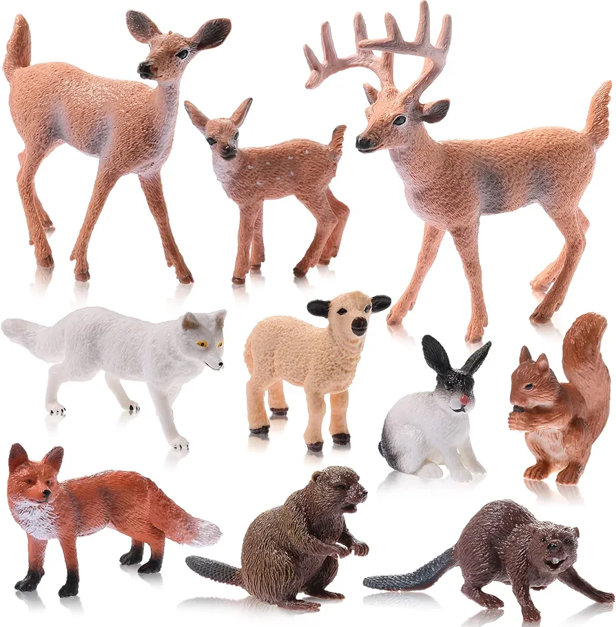 10 Pieces Forest Animals Figures Miniature Woodland Animal Figurines Small Squirrel Beaver Rabbit Deer Family Educational Playset Toys Cake Toppers for Graduation Gift Birthday Party Supplies