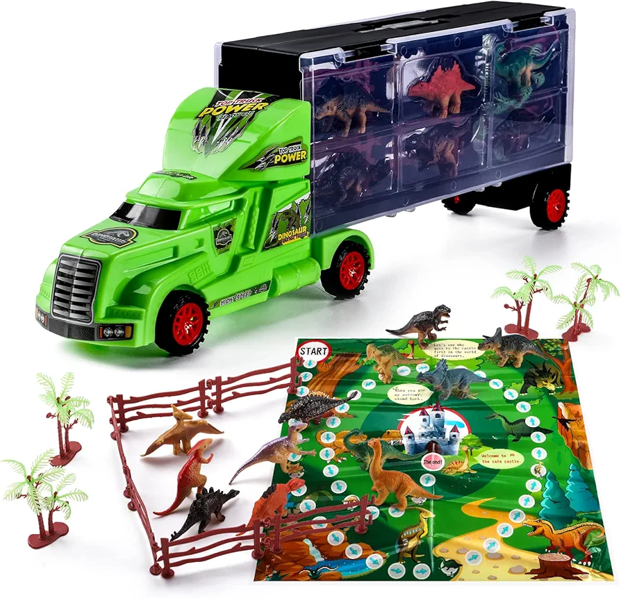 Dinosaur Transport Truck Playset, Dino Carrier Car Toys with 12 Dino Figures & Play Mat,Dinosaur Trucks for 3+ Years Old Boys Girls Kids Gifts