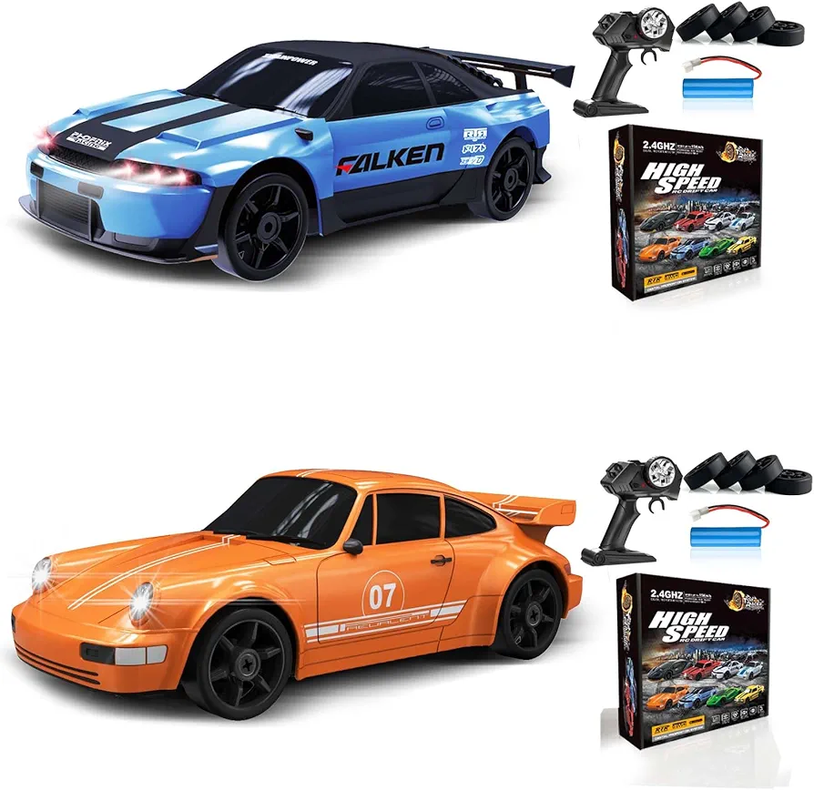 2PCS RC Drift Car 1:24 Remote Control Car 4WD 15KM/H High Speed Racing Sport Car with LED Lights RC Cars Toy Cars for Kids Boys Girls Adults Gifts Birthday Christmas Rechargeable Batteries