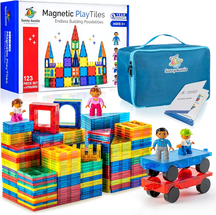 Magnetic Tiles 123 PCS - Includes 2 Cars + 4 Figures + a Bonus Zippered Carrying CASE, Magnetic Tiles for Kids Toy for 3 4 5 6 7 8 Year Old Boys & Girls, Gift Box