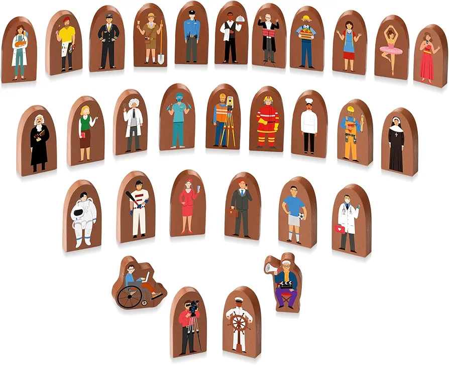 Qunclay Set of 30 Wooden Community Helpers Toys Wood Multicultural Career Figures Culturally Diverse Wooden Blocks Small Wooden People Figurines for Classroom Diversity Block Play (Brown)