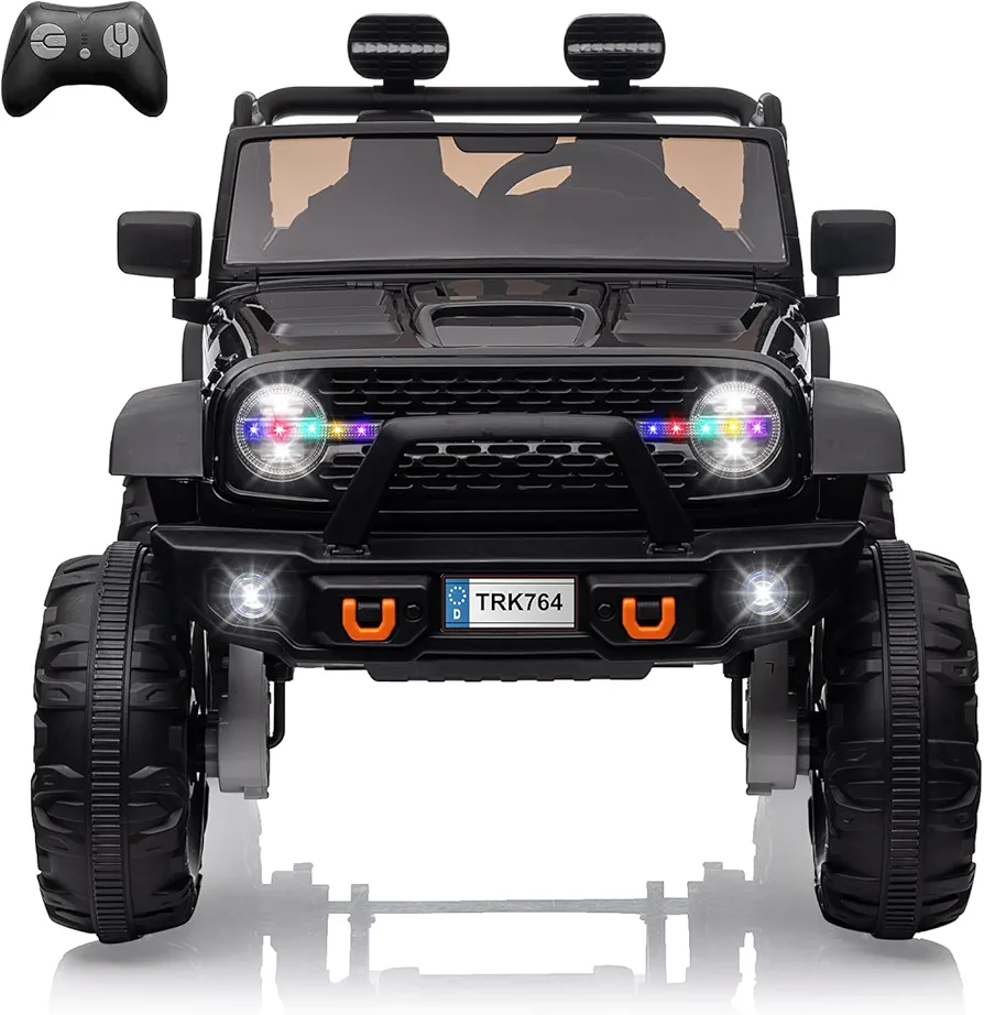 24V 2 Seaters Kids Ride on Truck with Remote Control, 4 Motors + 7Ah Battery 20" Extra Width Seat Electric Ride Toy for Toddlers 3+, LED Light,Music,Spring Suspension,Various Speeds,USB (Black)