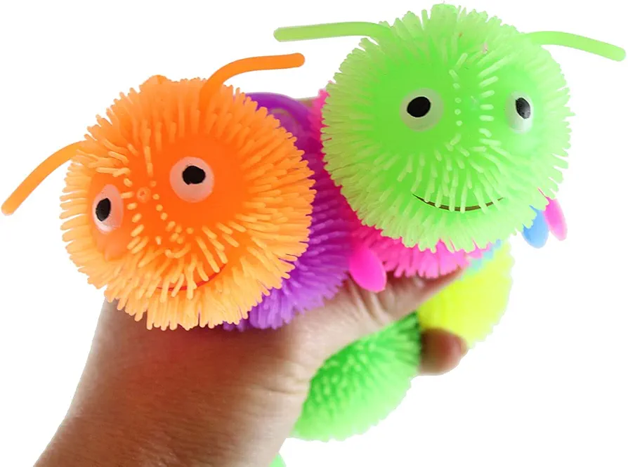 Set of 2 Puffer Caterpillar 5.5" Fidget Sensory Toy - 4 Section Tactile Toy Bug- Squishy Squeezey Sensory Squeeze Air Filled Balls OT (RANDOM COLORS)