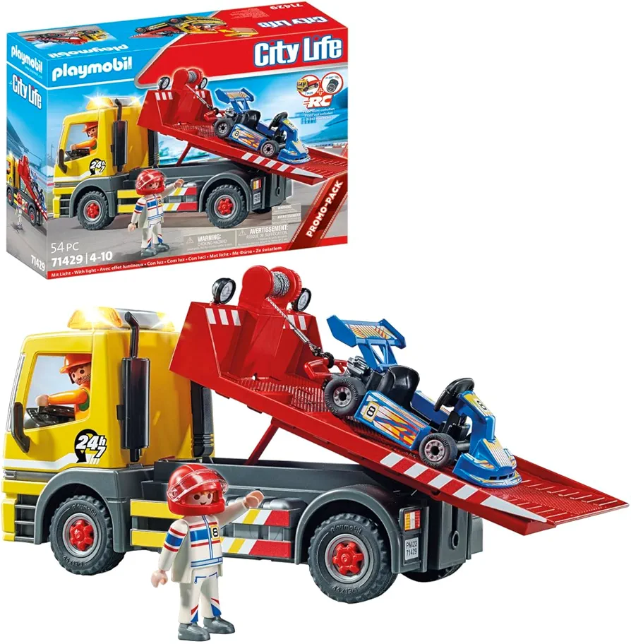 Playmobil Tow Truck Toy Playset - Towing Service - 54 Piece Bundle includes Truck Driver and Racer Figures Along with Truck and Go Kart - Working Truck Ramp with Flashing Lights and Retractable Winch