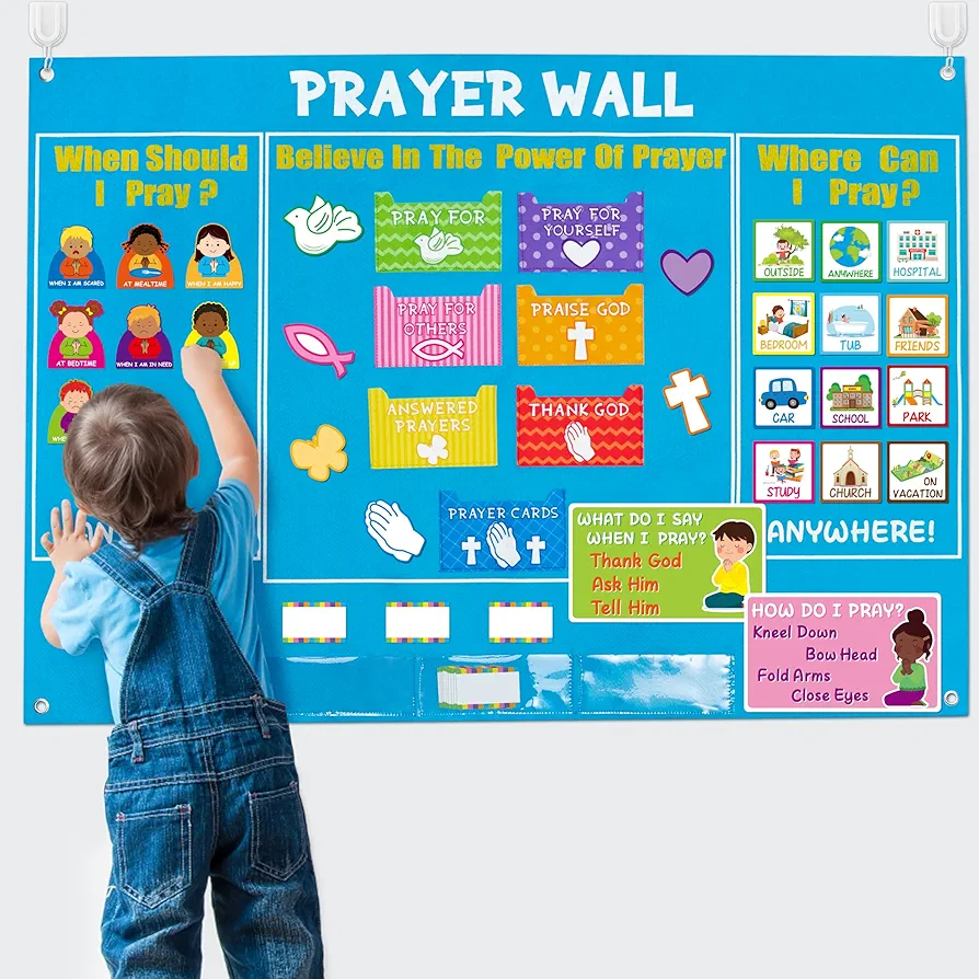 WATINC 37Pcs Prayer Wall Felt Story Board Set with Prayer Story Card, Prayer Felt Bulletin Board Accessories, Religious Flannel Felt Board Stories for Preschool Kids Classroom Sunday School Home