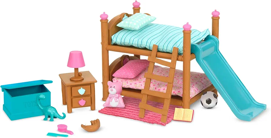 Li'l Woodzeez Bunk Beds Playset – Miniature Bedroom Furniture and Accessories – 18pc Toy Set with Bed, Toys, Book, and More – Gifts for Kids Age 3+