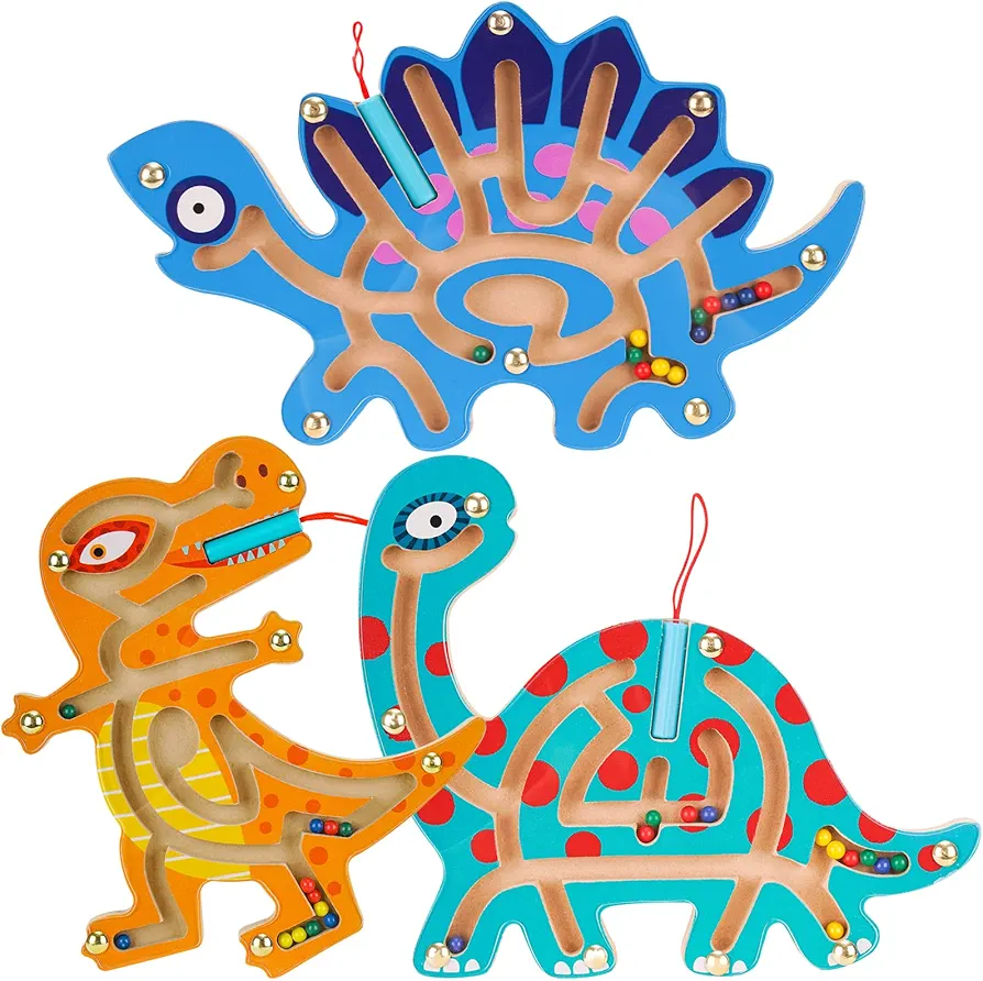 3-Pack Wooden Magnetic Maze Toys for Kids 3+, Dinosaur Interactive Puzzle Game Boards Montessori Labyrinth STEM Activity Child Fine Motor Skill Development Preschool Birthday Gifts (3 Dinosaurs)