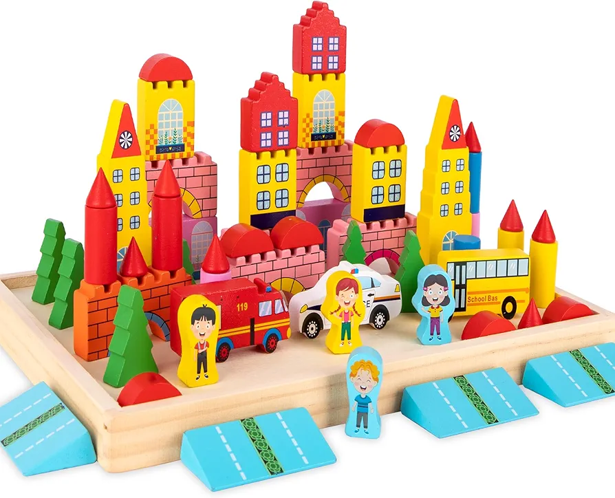 ArtCreativity Wooden Town Playset for Kids - 55 Piece Block City Set - Wooden City Building Blocks Play Set with Buildings, Trees, Vehicles, and People - Wooden Tray for Storage and Display