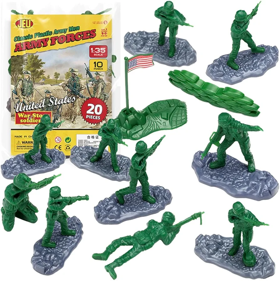 ViiKONDO Army Men Toy Action Figure 10 Poses Green Plastic Soldier 20pcs Troops US Military Figurine Modern Combat Flag Sandbag Wargame Kid Gift