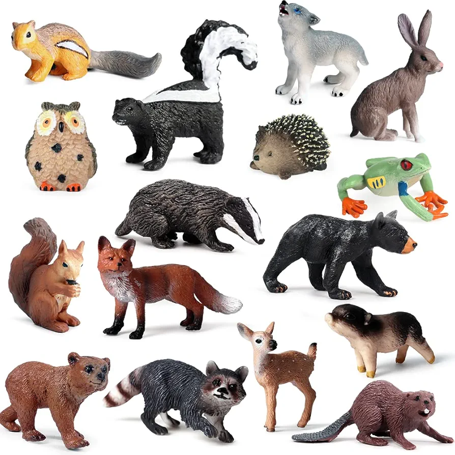 RCOMG 16pcs Forest Animal Baby Figures - Woodland Creatures Miniature Set, Cake Toppers, Educational Birthday Gifts for Kids & Toddlers