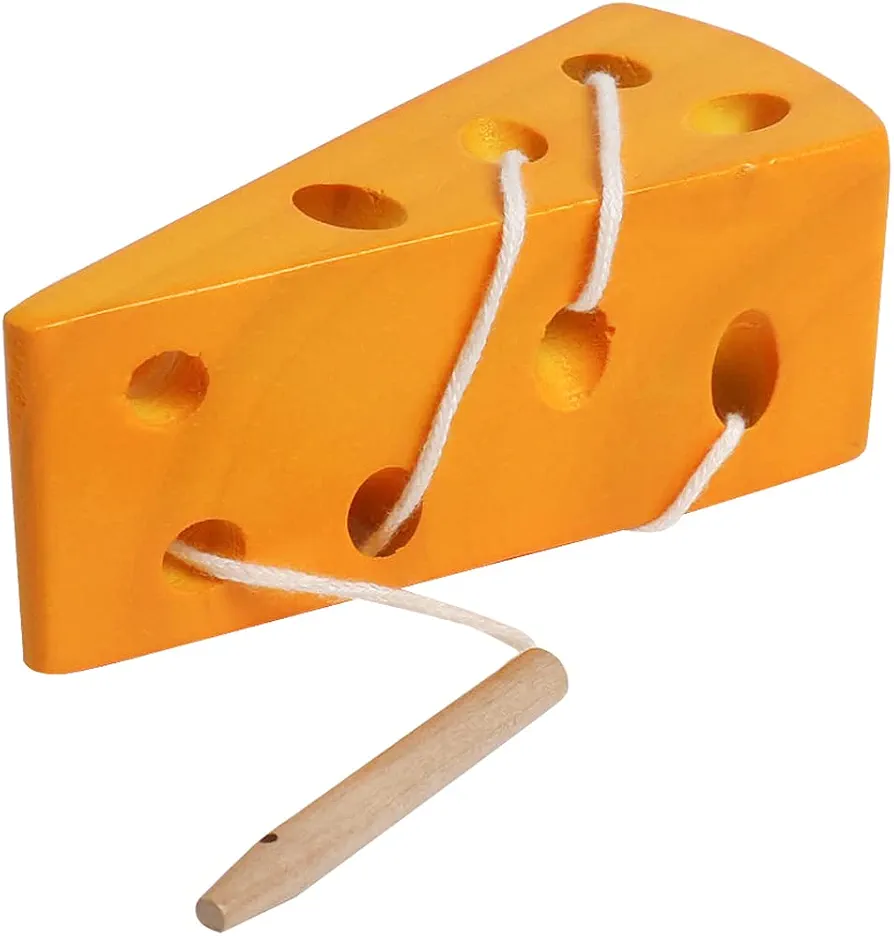 Wooden Lacing Cheese Threading Toy Montessori Airplane Travel Game Toys Wood Block Puzzle Fine Motor Skills Activity Learning Educational Gift for Toddlers Baby Kids 3 4 5 Years Old, 1 Cheese