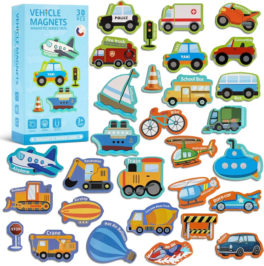 Fridge Magnetic Transports for Toddlers 30PCS Vehicles Magnets for Kids Ages 3+ Cute Refrigerator Magnets for Fridge Flash Cards Learning & Educational Magnet Toys for Kids Birthday Gift