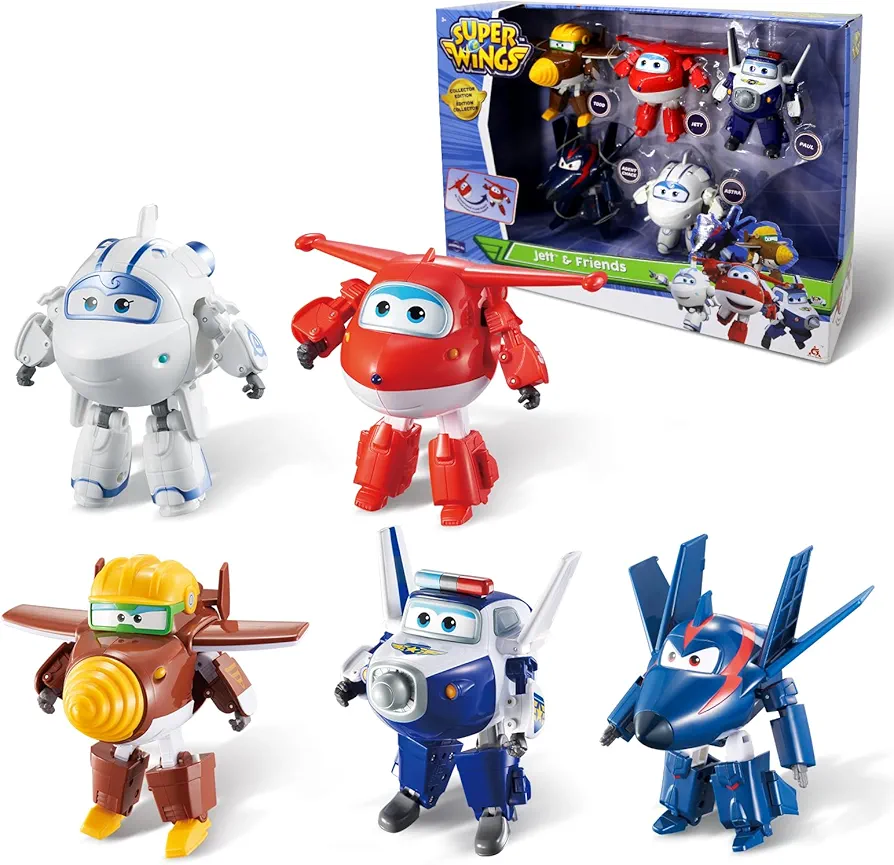 Super Wings - 5" Transforming 5-Pack Jett, Paul, Todd, Astra and Agent Chase | Airplane Toys Action Figures | Preschool Toy Plane for 3 4 5 Year Old Boys and Girls | Birthday Gifts for Kids , Red