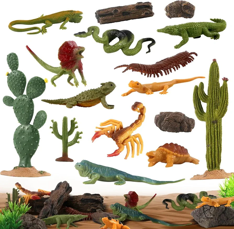 32Pcs Desert Reptiles Animals Figures Toys Trees Resin Diorama Lizard Snake Cactus Rock Playset for Kids Toddlers Birthday Cake Decoration Party Favor School Projects