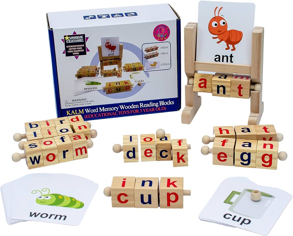 KALM Word Memory Wooden Reading Blocks - Educational Toys for 3 Year Old - Montessori Toddler Toys CVC Word Games - 8 sets Letter Cubes, 32 pcs Phonetic Flash Cards, 1 Holder - Gift for Girl and Boy