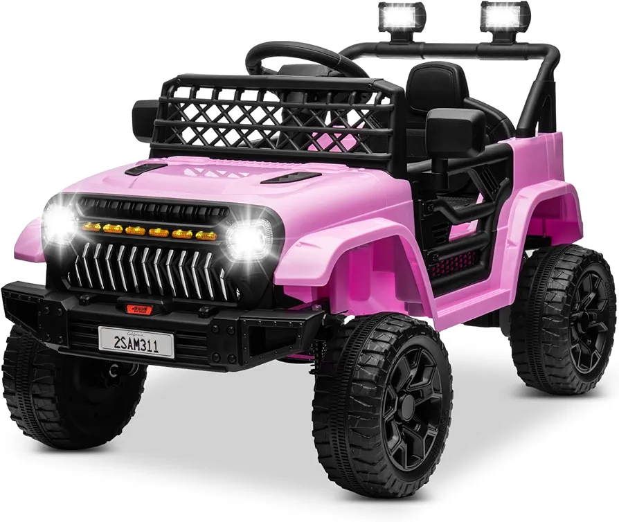 Ride on Truck Car 12V Power 4 Wheels w/Remote Control, 3 Speeds, Bluetooth Music, Led Lights, Spring Suspension, Electric Vehicles Jeeps Toy for Boys Girls, Pink