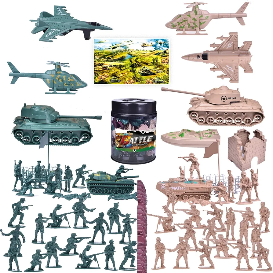 FUN LITTLE TOYS 180PCS Army Men Action Figures Army Toys of WW 2, Toy Soldiers, Military Playset with a Map, Toy Tanks, Planes, Flags, Soldier Figures, Fences & Accessories Xmas Decoration