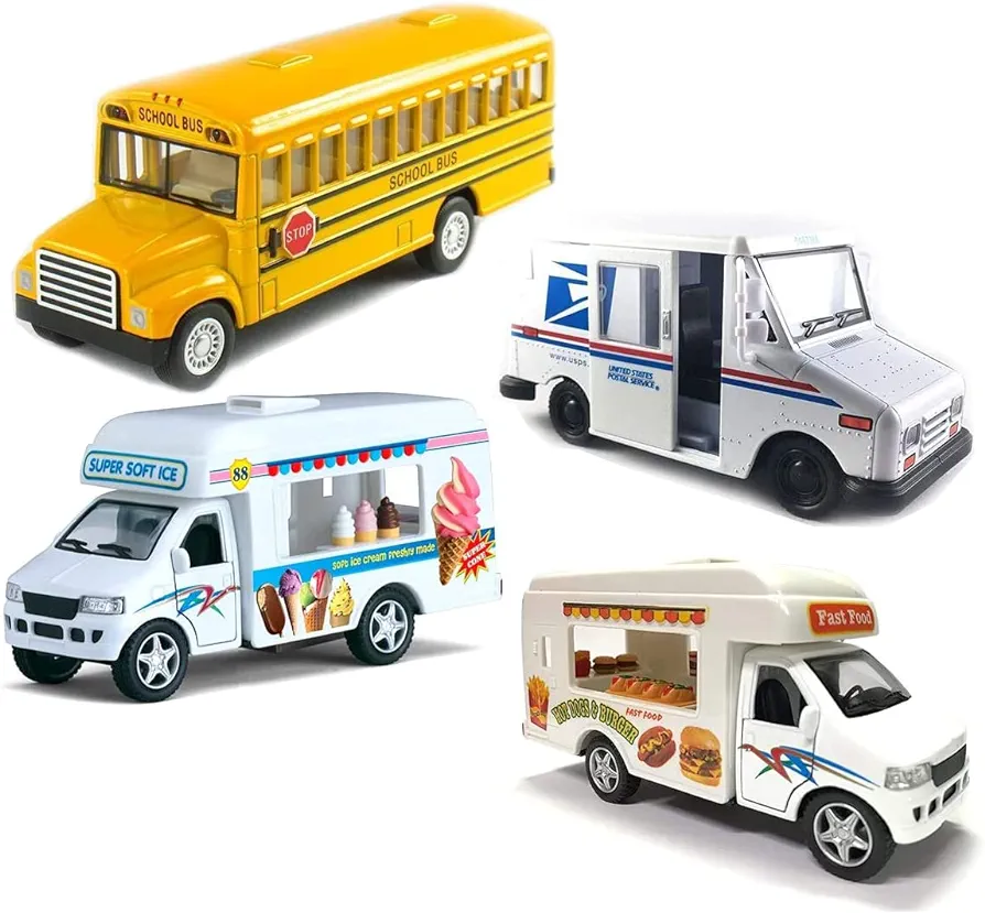 Funstuff Diecast Toy Trucks Set of 4 | Ice Cream Truck, School Bus, Mail Truck, Food Truck | Pullback Truck Toys for Boys and Girls and Detailed Interior