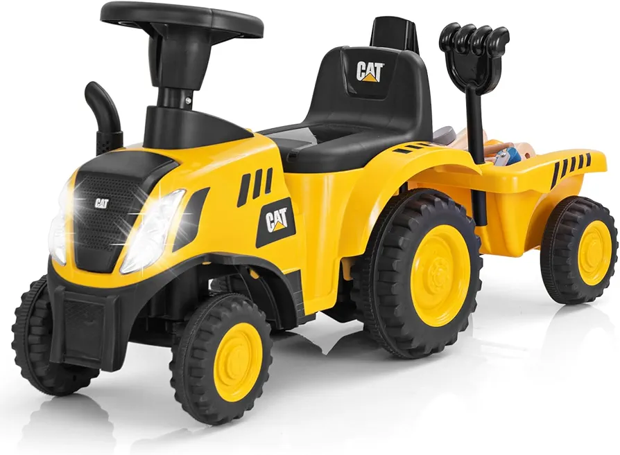 HONEY JOY Kids Ride on Tractor, Licensed Caterpillar Ride On Push Car for Toddlers, Detachable Trailer, Shovel & Rake, Horn, Engine Sound, LED Lights, No Power Ride On Toy for Boys Girls (Yellow)