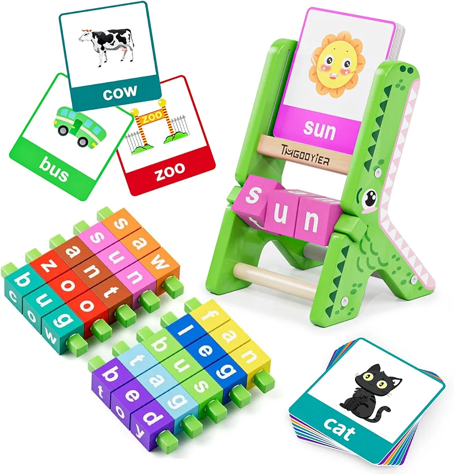 Spelling Word Games CVC Sight Words Wooden Reading Blocks Phonics Flash Cards Learning Writing Reading Montessori Toys for Kids Boys Girls