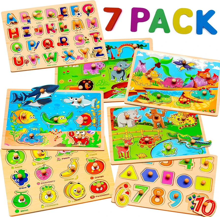 7 Pack Wooden Puzzles for Toddlers 2 3 4 5 Years Old - 7 Colorful Chunky Wood Peg Puzzles for Kids ages 2-5, Alphabet Shape Numbers Fruits Sea Animals Dinosaur Zoo - Educational Toddler Learning Toys