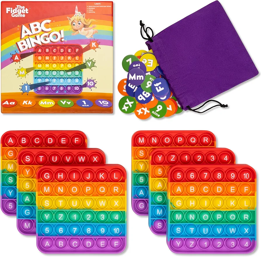 ABC Bingo Games for Kids - Six Educational Alphabet Bingo Popping Mats for Preschool, Toddlers, Kindergarten - Learning Activities for 2-6 Players 3+ Years