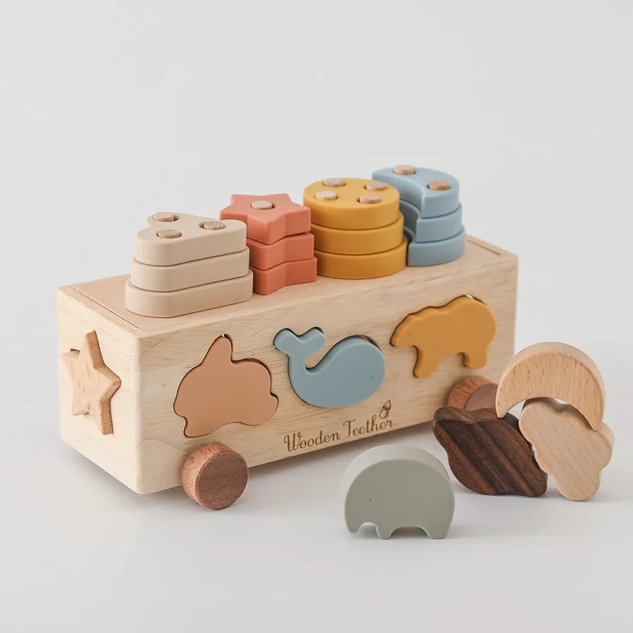 WOODEN TEETHER Wooden Montessori Toys with Silicone Stacking Sorting Toys for Toddlers Shape Sorter Preschool Learning Educational Sensory Toys for Babies Infants Learning Fine Motor Skills