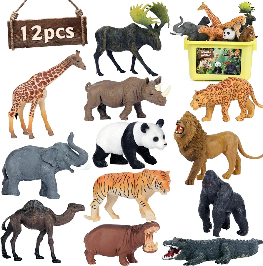 Safari Animal Toys Figures, 12 PCS Realistic Jumbo Wild Jungle Animals Figurines, Large African Zoo Animal Playset with Lion,Elephant,Giraffe, Plastic Animal Learning Toys for Kids Toddlers Boys