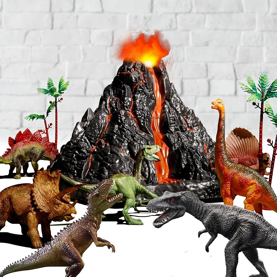 Large Volcano Set with 9 Realistic Dinosaur Action Figures for Kids 2 3 4 5 6 8 10 Years, Simulated Volcanic Eruptions w/Sounds, Volcano Can Store Dinos, Gift for Toddlers Boys & Girls.