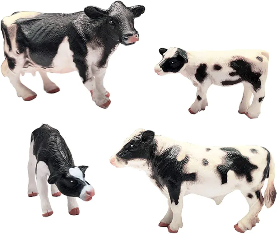 Realistic Farm Cow Model Figures Toy Set, 4pcs Farm Cow Family Figurines Collection Playset, Farm Meadows Pasture Cow Statues Preschool Educational Learn Cognitive Toys