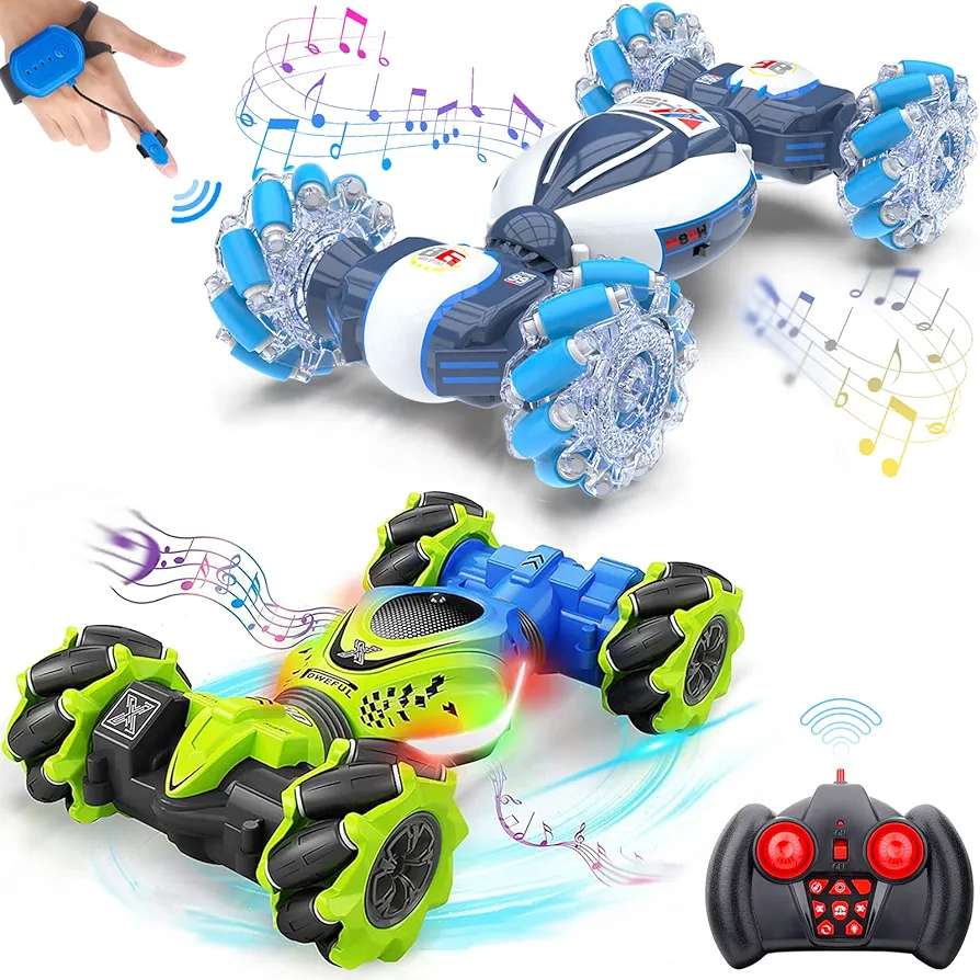 Dysaim RC Stunt Car Toys, 2pcs 2.4GHz 4WD Remote Control Cars with Lights Music, Off-Road 360° Rotation, Best Birthday Gifts for Kids Age 6-12