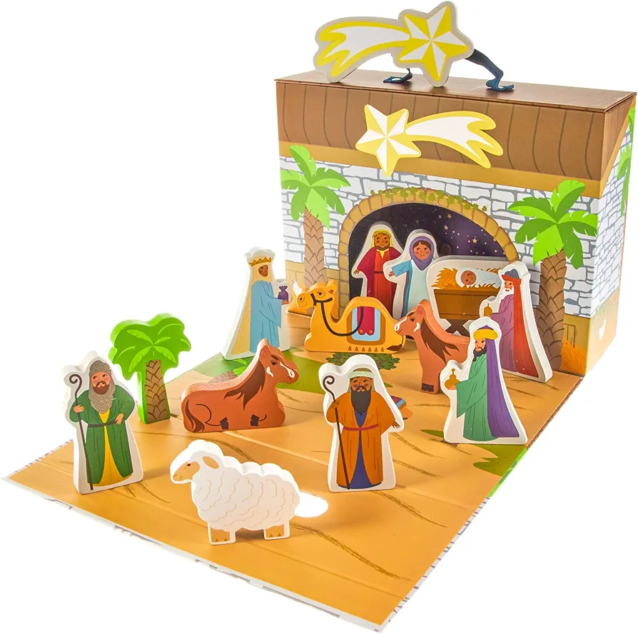 Imagination Generation - My First Noel Nativity Set Story Box - Nativity Scene, Wooden Toys Playset with Baby Jesus, Angels, Three Kings, Mary and Joseph Figurines for Kids - 14 Pcs