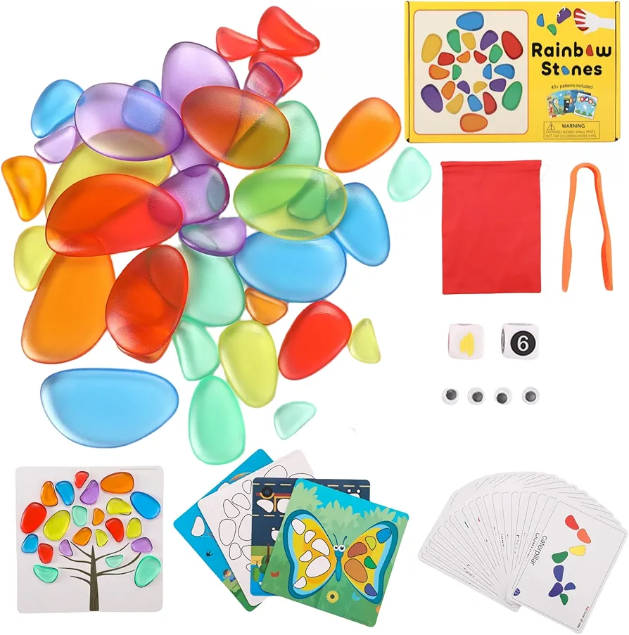 36 Pcs Translucent Rainbow Pebbles,Rainbow Stones,Light Table Manipulatives Preschool,Light Table Accessories, Includes 24 Activity Cards