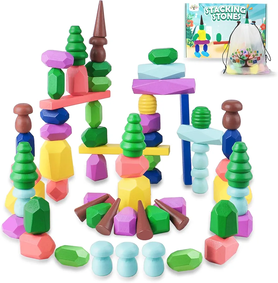 Toys for 3 Year Old Boys Girls, 36 PCS Colorful Wooden Sorting Stacking Rocks for Toddlers 3-4 Montessori Sensory Building Blocks for Kids Ages 4-8, Preschool Learning Activities for Home School