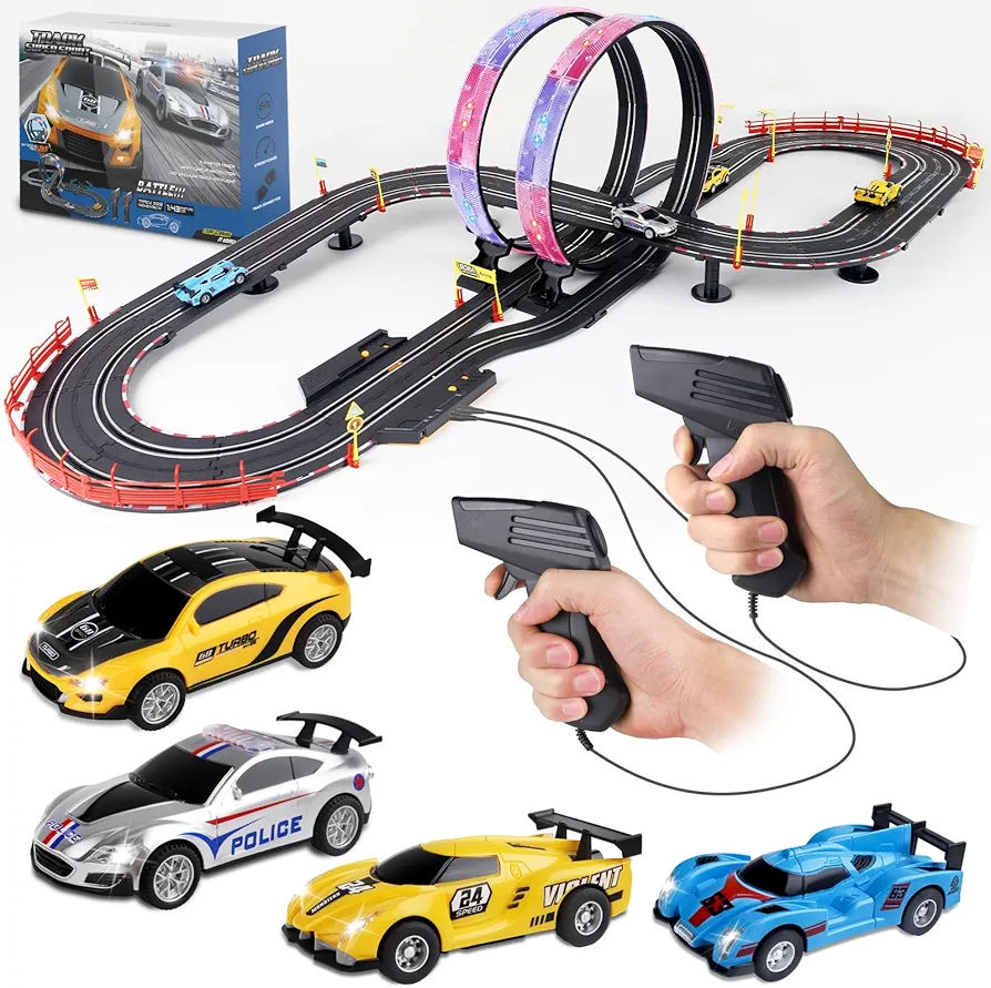 Slot Car Race Track Sets, 19ft Electric Track with LED Lights and 4 Slot Cars, 2 Hand Controller and Racing Game Lap Counters, Race Track Set Features a Loop, Turns, and a Crossover for Boys Age 6-12