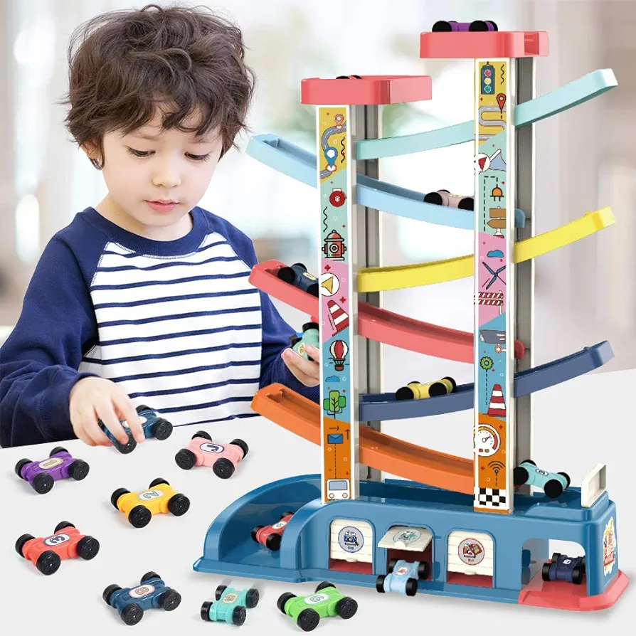 Gliding Car Toy Toddler Toys Car Ramp Toy Race Track Car Gifts Zig Zag Car Slide with 6 Ramps 8 Mini Cars- Racing Car Toys for Kids Boys Girls 3 4 5 6