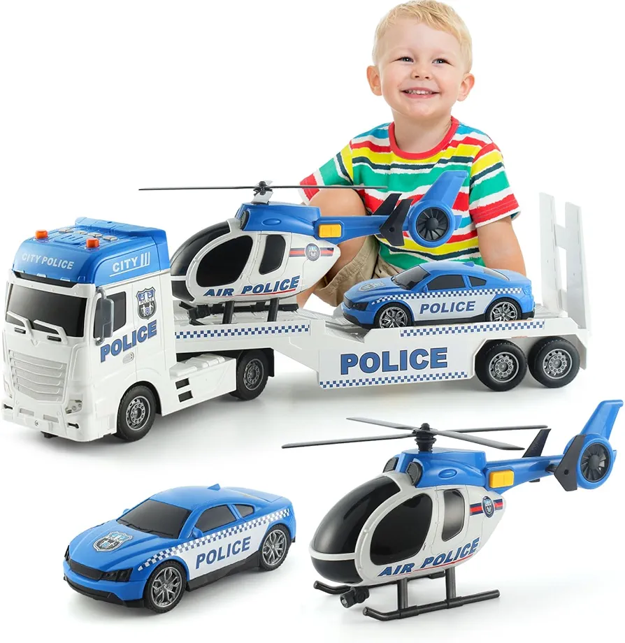 25.6'' Large Police Car Toy and Semi Truck Toy with Racing Car and Helicopter - Police Toys,Birthday Gifts for Kids Child 3 4 5 6 Years Old